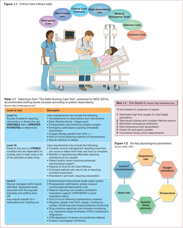 Diagram shows critical care without walls (Emergency, Intensive, Coronary Care, et cetera), sepsis 6. S (Administer high flow oxygen, Administer intravenous antibiotics, et cetera), six key physiological parameters (Respiratory Rate, Temperature, et cetera). It also shows table with level of care with descriptor.