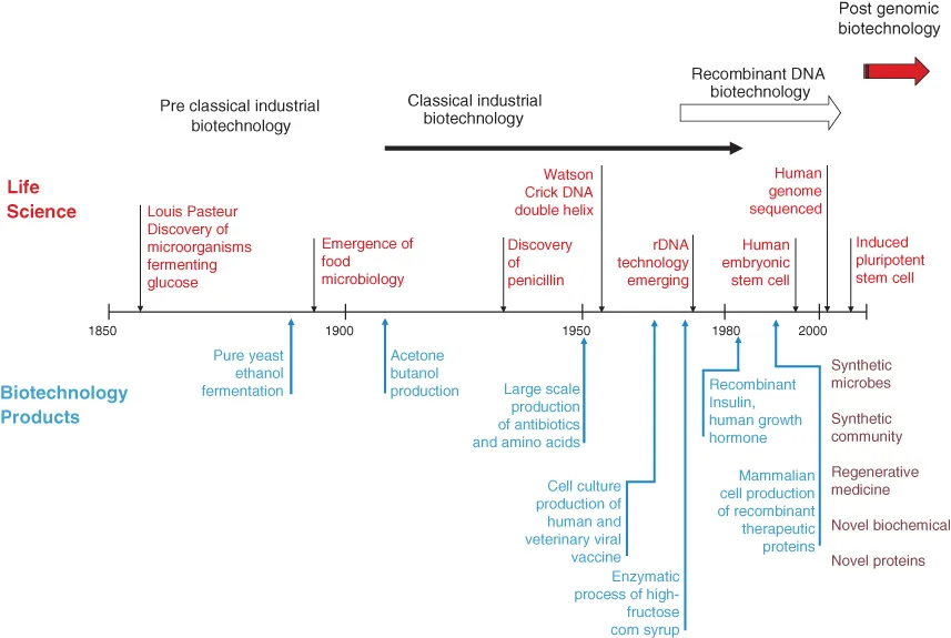 A timeline of milestones in Life Science and Biotechnology Products from 1850 to post-2000. The periods described are pre-classical industrial biotechnology; Classical industrial biotechnology; Recombinant DNA biotechnology; Post-genomic biotechnology.