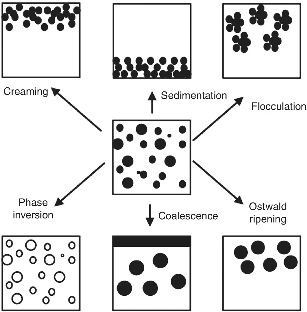 Schematic diagrams illustrating emulsion destabilization: creaming, sedimentation, flocculation, phase inversion, coalescence, and Oswald ripening.