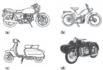 Figure shows four single track motor vehicles.