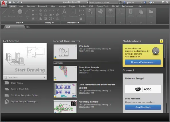 AutoCAD window displaying the Start Drawing thumbnail under Get Started (left); Recent Documents, such as 04b-bath, Floor Plan Sample, and Assembly Sample (middle); and Notifications and Connect (right).