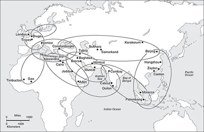 Map shows various trade circuits in Europe, Asia and Africa which include places like Samarkand, Beijing, Karakorum, Calicut, Palembang, Alexandria, Constantinople et cetera.