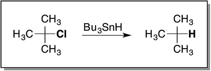 Schematic flow of a tin hydride dehalogenation, depicting the treatment of alkyl halides with reagents such as tributyltin hydride.