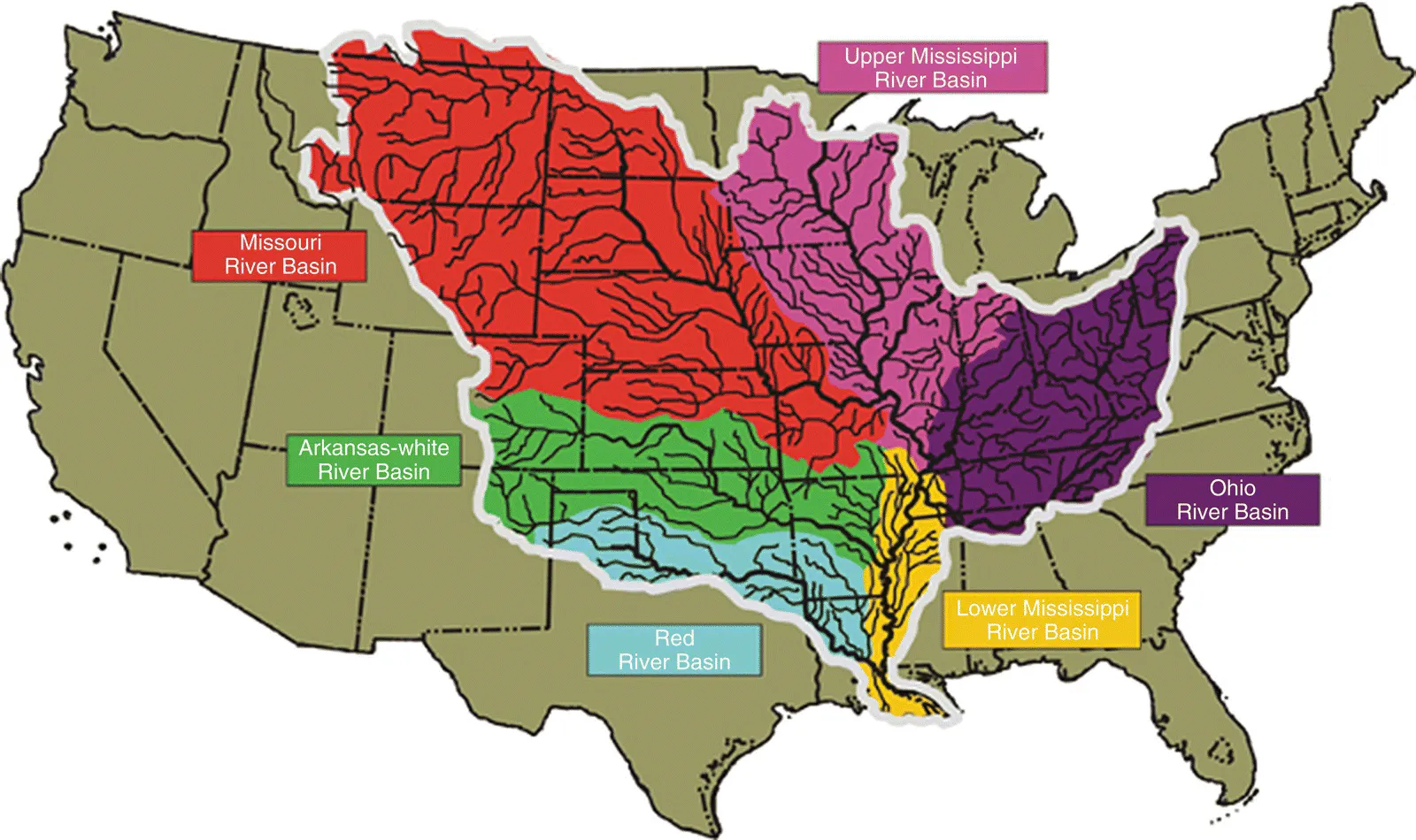 Map displaying lines with branches in shaded areas labeled Upper Mississippi River Basin, Ohio River Basin, Lower Mississippi River Basin, Red River Basin, Arkansas-white River Basin, and Missouri River Basin.
