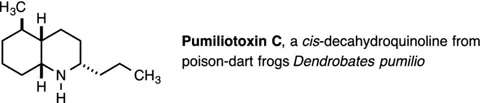 Diagram shows structure of pumiliotoxin C from poison dart frogs, where two complete rings have N, H, and CH3 bonds with each ring and at bottom one ring have CH3 bond in corner.
