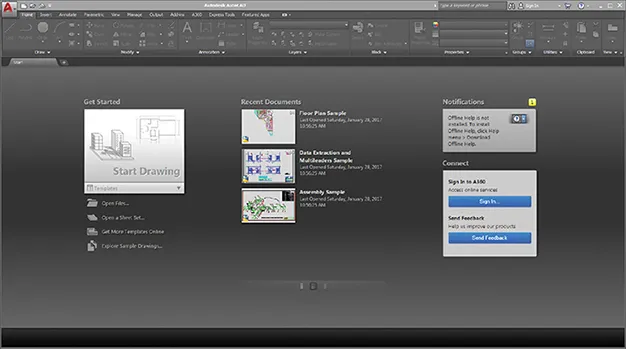 Window shows Autodesk AutoCAD with start tab and options like get started (open files, open sheet set), recent documents, notifications, and connect (sign in to A360, send feedback).