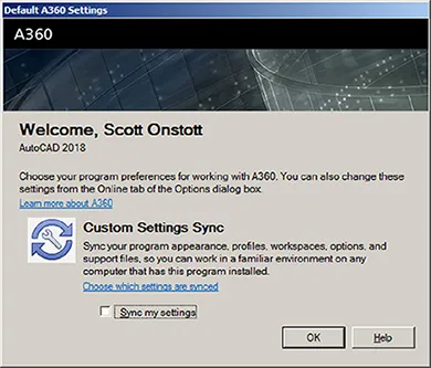 Window shows default A360 settings with options for custom settings sync, check box for sync my settings, and buttons for ok and help on bottom.