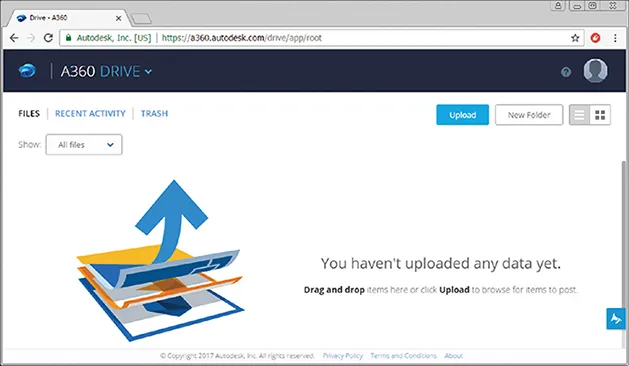 Window shows tab of Drive - A360 in Google chrome browser with buttons for files, recent activity, trash, upload, and new folder, to upload any data.