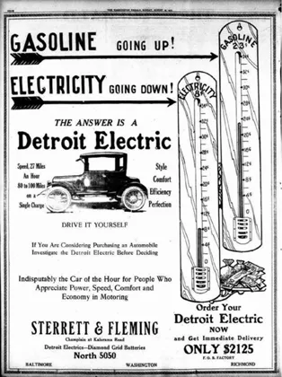 Image shows a 1917 advertisement for the Detroit Electric car that uses the rising price of gas and moderate price of electricity to promote Detroit-built electric cars.