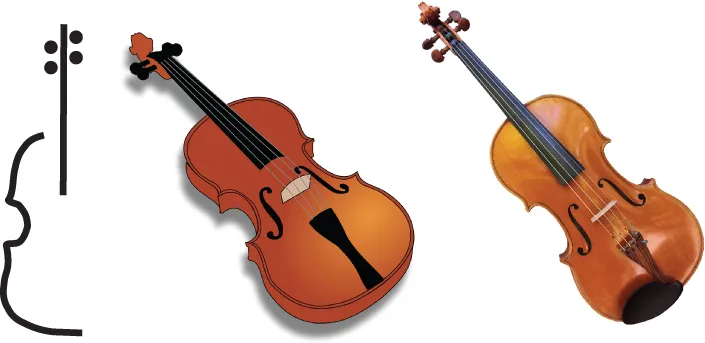 Sketch showing three renditions of a viola.