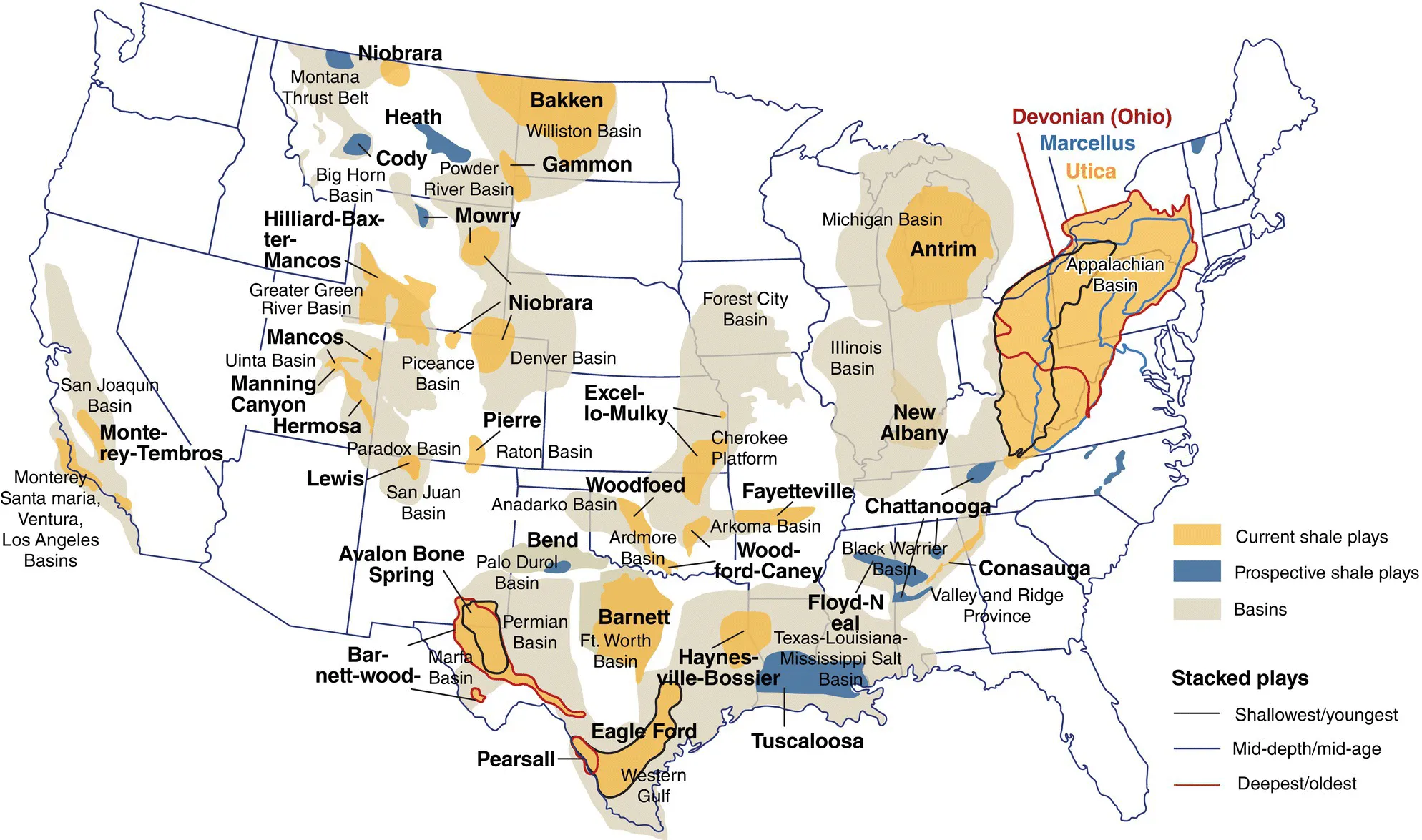 Map of the United States with shaded areas representing current shale plays, prospective shale plays, and basins and lines representing shallowest/youngest, mid-depth/mid-age, and deepest/oldest.