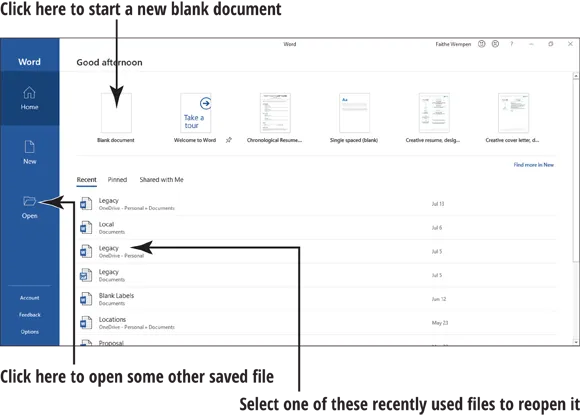 Start screen for Microsoft Word with arrows labeled Click here to start a new blank document, Click here to open some other saved file, and Select one of these recently used files to reopen it.