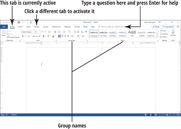 Ribbon in Microsoft Word with arrows to the Home tab labeled This tab is currently active, to Design tab labeled Click a different tab to activate it, and to Search tab labeled Type a question here and press Enter for Help.