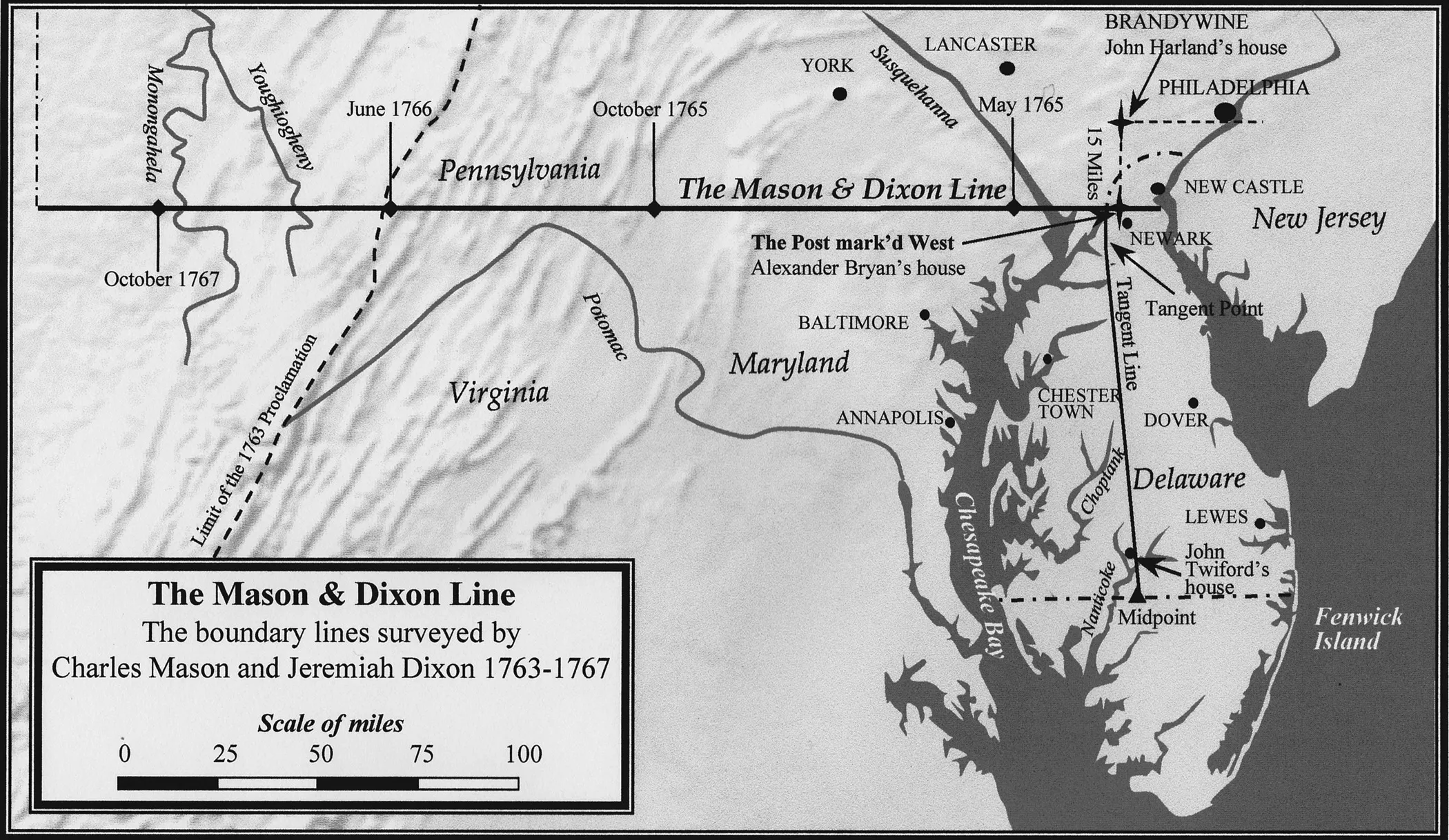 Map displaying the MasonâDixon line, the boundary lines of Pennsylvania, Maryland, Delaware, and West Virginia, surveyed by Charles Mason and Jeremiah Dixon in (1763â1767).