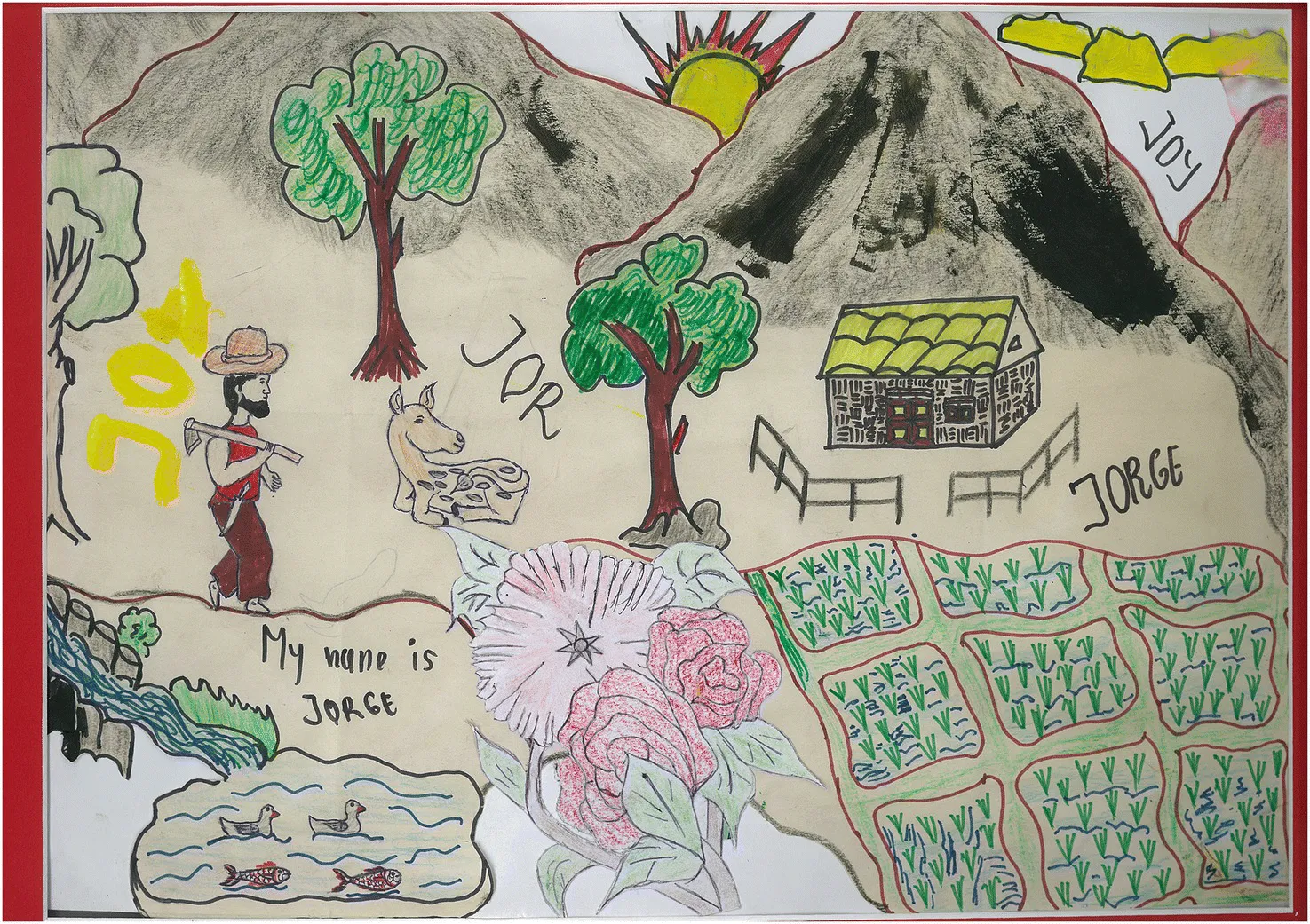 Drawing illustrating the daily life and occupations of a boy aged 15 years in East Timorese village.