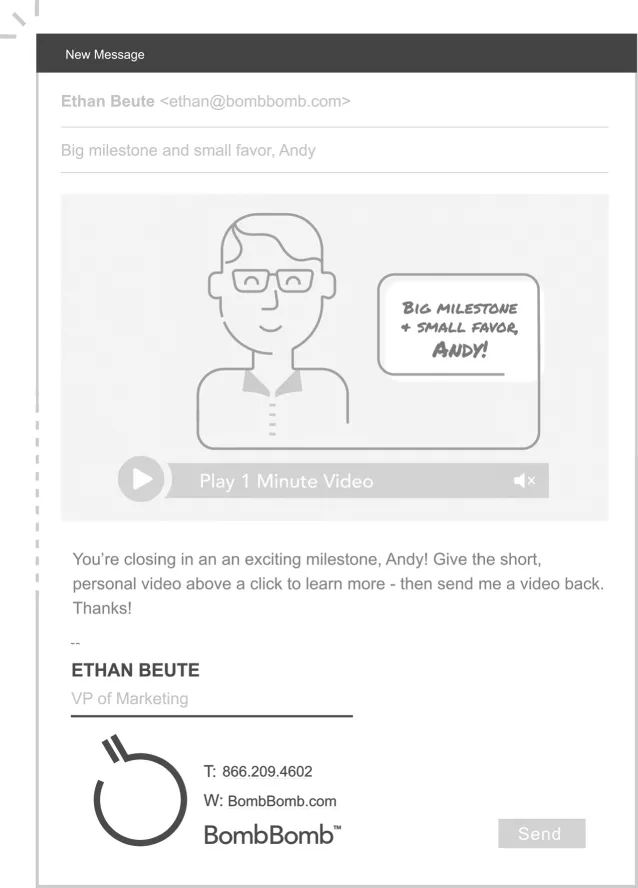 Illustration of a short, one-minute personal video email displaying the picture of the person who is sending the message, with a Send option at the right bottom of the page.