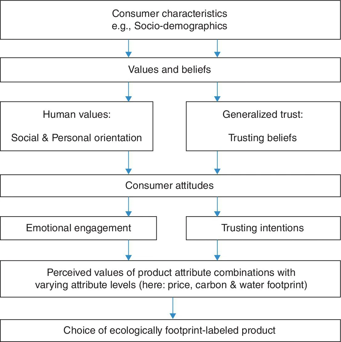 Flow diagram illustrating conceptual model depicting concepts of ecological footprints, trusts, and human values.