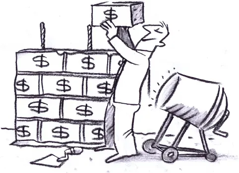 Illustration shows man building blocks, with ‘Dollar’ sign on each of them.