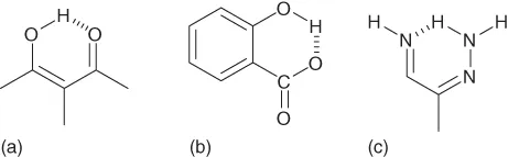 Structural illustration of Intramolecular H-bonding of a single molecule. (a) Malonaldehyde; (b) salicyclic acid; and (c) formazan.