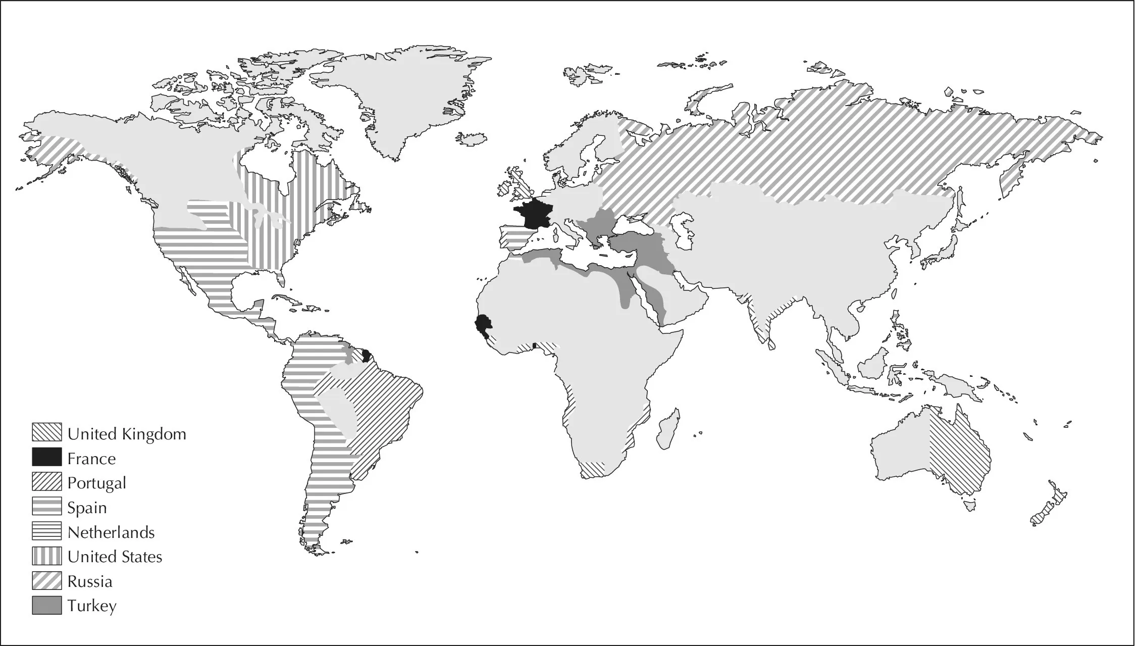 World map of 1800 Spanish Empire, with legend at the lower left.