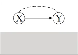 Diagram shows variables in the unshaded area X and Y connected by a dashed curve and an arrow from X to Y depicting the causal relationship.