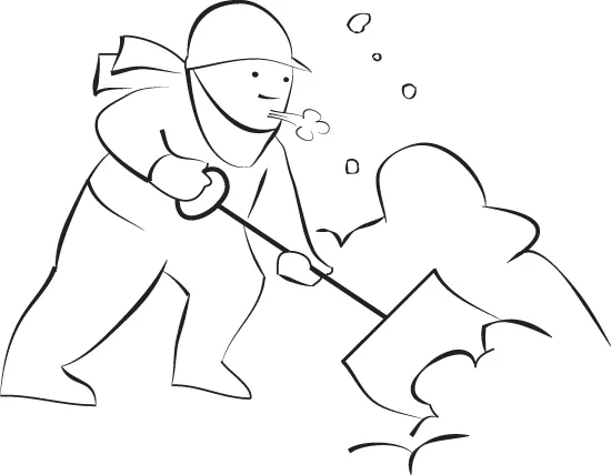 Line drawing illustrating a man plowing snow using a shovel. He is wearing a muffler and a cap.