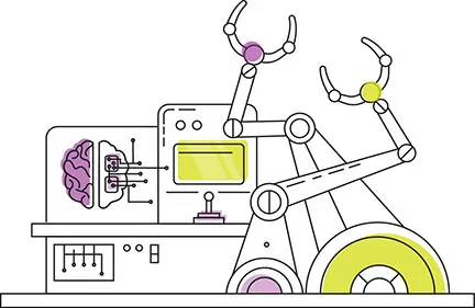 The figure shows a robot where the right-hand side of the image shows two robotic arms and the left-hand side of images shows a brain-like structure connected to a battery. 