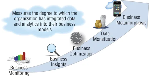 Big Data Business Model Maturity Index as a roadmap, with an upward arrow presenting 5 phases: Business Monitoring, Business Insights, Business Optimization, Data Monetization, and Business Metamorphosis.