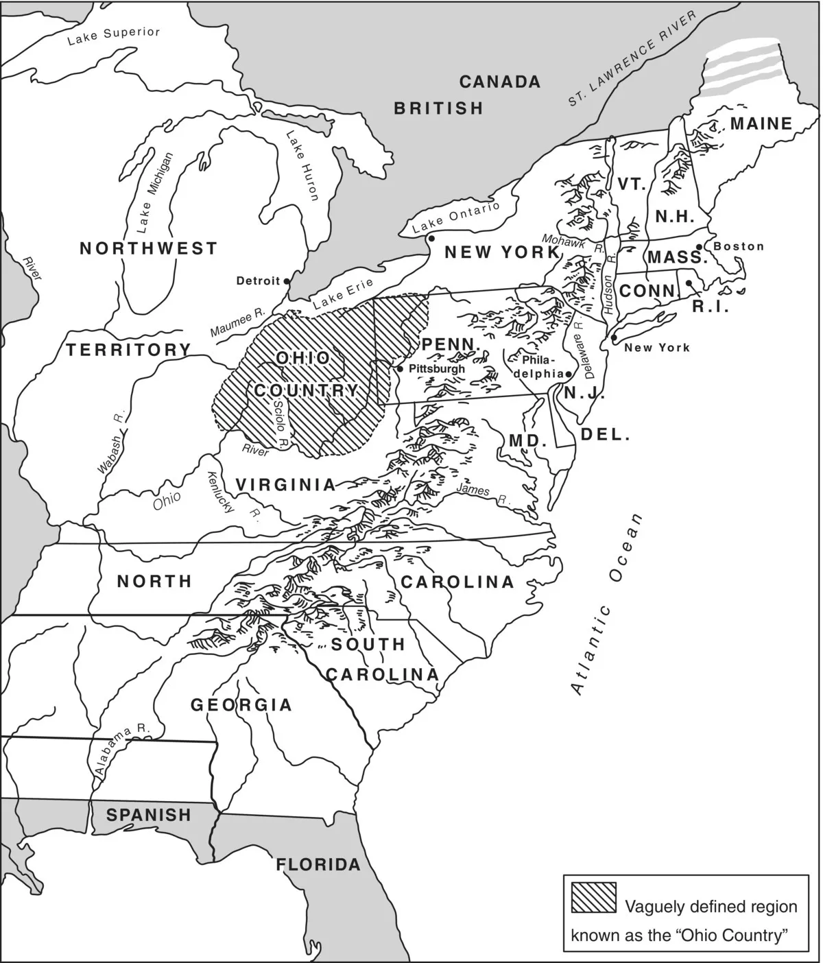 Map of the East Coast region of the United States of America identifying the Ohio Country (in diagonal grids) surrounded by the Northwest Territory (left), Virginia (bottom), and Pennsylvania (right).