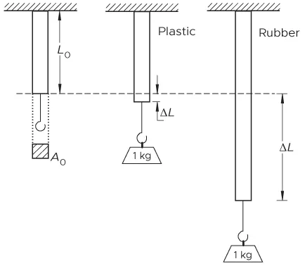 Illustration depicting an experiment to be performed consisting of suspending a weight of 1 kg showing the deformation of plastic versus rubber samples.