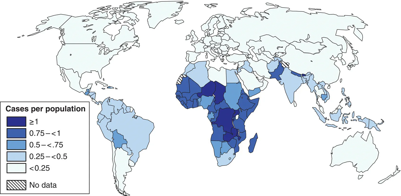 World choropleth map displaying the incidence of diarrhea per population: ≥1, 0.75–<1, 0.5–<.75, 0.25–<0.5, and <0.25 cases per population. The areas with hatched pattern have no data.