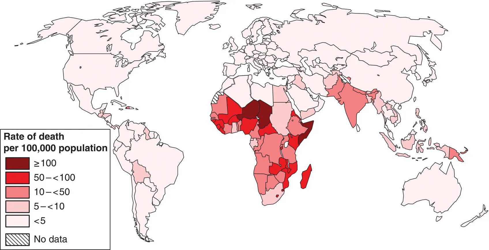 World choropleth map displaying the rate of death due to diarrhea per 100 000 population: ≥100, 50–<100, 10–<50, 5–<10, <5, and no data (hatched pattern).