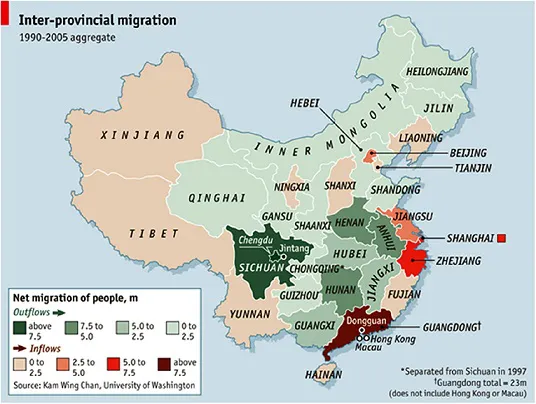 Map showing mass migration pattern in mainland China with inflow and outflow marked from western rural to eastern coastal provinces between year 1990-2005.