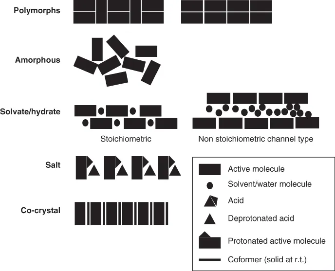 Schematic of various types of solid forms for polymorphs, amorphous, solvate/hydrate, salt, and co-crystal. Various shapes represent active molecule (solid rectangle), solvent/water molecule (dots), etc.