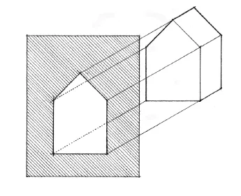Sketch shows for Orthographic Projection in which fist part of the building in the left is inside the shaded rectangle.