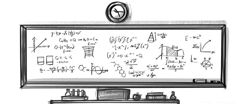 The figure shows a whiteboard, where a clock (in the middle) is placed on the top of the whiteboard and a test-tube stand (on the left-hand side) at the bottom of the whiteboard.