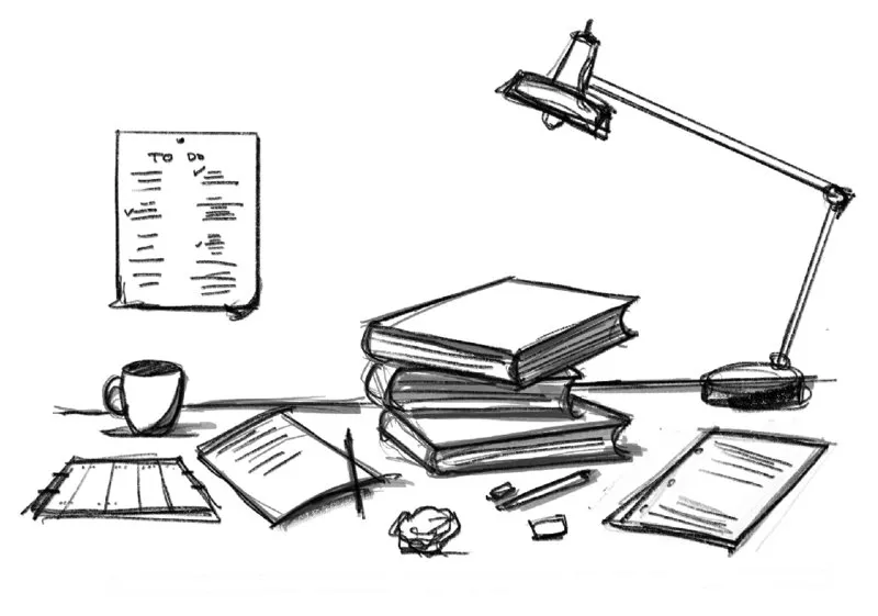 The figure shows a study table of Abraham, where a study table lamp is placed on the right-hand side of the table, a coffee mug on the left-hand side and few notebooks in the middle. 