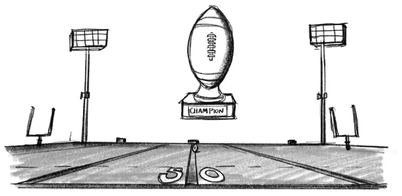 The figure a football field with tracks. The middle portion of the field shows a winning trophy, labeled “Champion.”