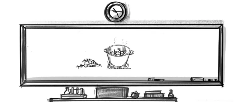 The figure shows a whiteboard (with a picture of a carrot inside a pot of hot water), where a clock (in the middle) is placed on the top of the whiteboard and a test-tube stand (on the left-hand side) at the bottom of the whiteboard.
