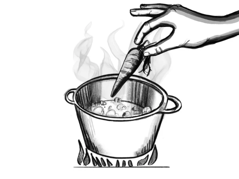 Illustration shows an image of a hand holding a carrot and placing it inside a pot of hot water. 