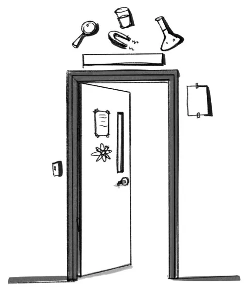 The figure shows an open door of a science classroom. The top of the door shows different symbols: a magnet, a conical flask, a beaker and a magnifying glass. 
