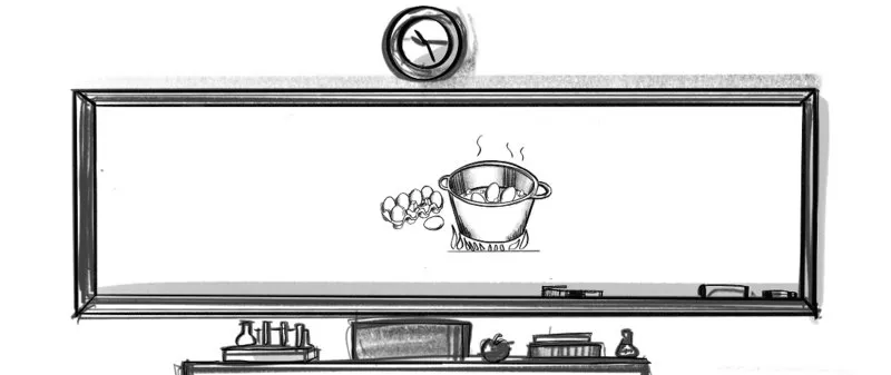 The figure shows a whiteboard (with a picture of an egg inside a pot of water), where a clock (in the middle) is placed on the top of the whiteboard and a test-tube stand (on the left-hand side) at the bottom of the whiteboard.