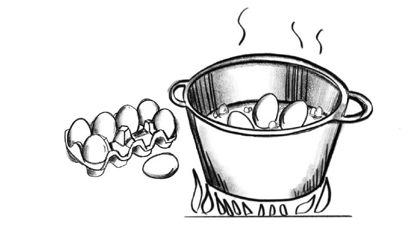 The figure shows an egg inside a pot of hot water. The left-hand side of the pot shows a tray of eggs.  