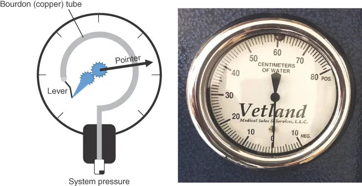 Left: Interior schematic diagram of a Bourdon type pressure gauge including the expandable copper tubing and pointer. Right: Photograph of a common Bourdon gauge routinely located on an anesthetic machine.