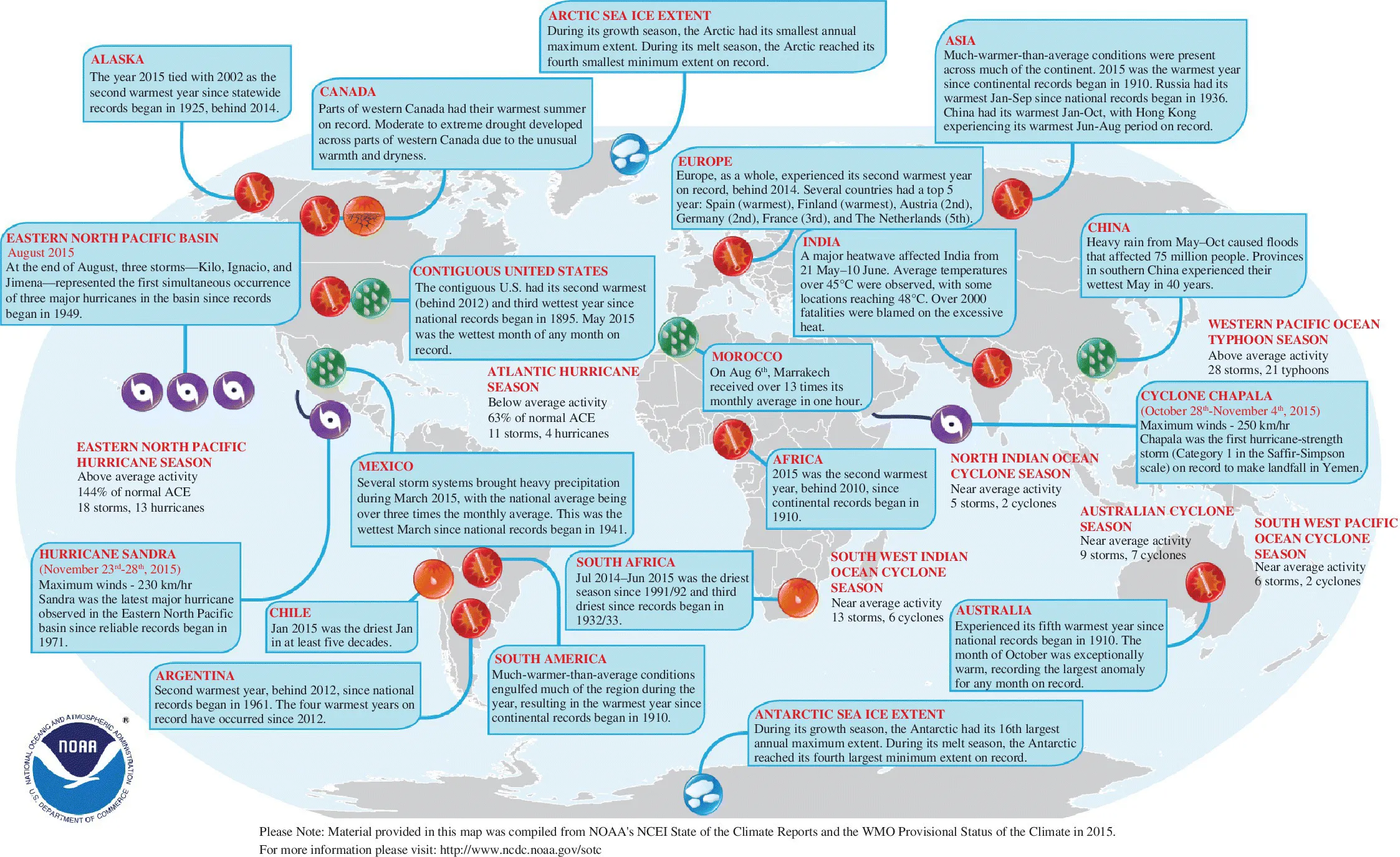 World map illustrating significant climate anomalies and events in 2015 by major regions or countries such as Alaska, Canada, Asia, China, India, Morocco, Africa, Mexico, Chile, and Argentina.
