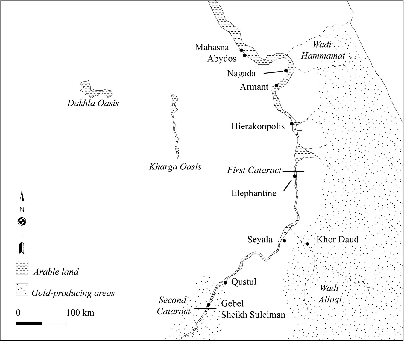 Map displaying the sites of southern Egypt and Nubia such as Seyala, Elephantine, Dakhla oasis, Kharga oasis, Hierakonpolis, and Wadi Allaqi. Shaded areas on the map represent arable land and gold-producing areas.