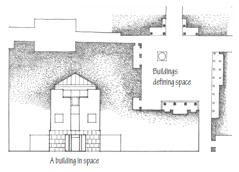 A sketch depicting a building in space.