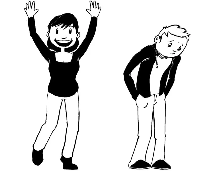 Cartoon image of a smiling girl with a sparkle in her eyes standing next to a boy with limp and bowed body showing little sign of life.