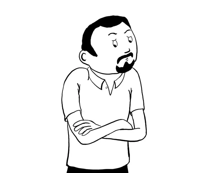 Cartoon image of a man with pursed lips, flared nostrils, arms crossed, and head titled sideways.