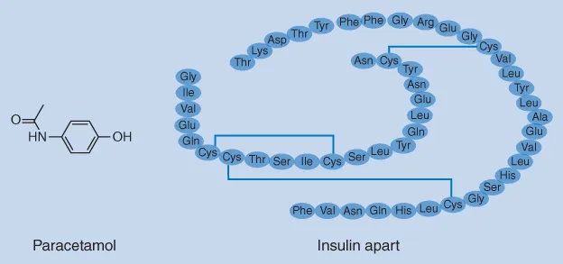 Skeletal formula of paracetamol (small molecule drug; left) and structure of insulin aspart (biopharmaceutical; right).